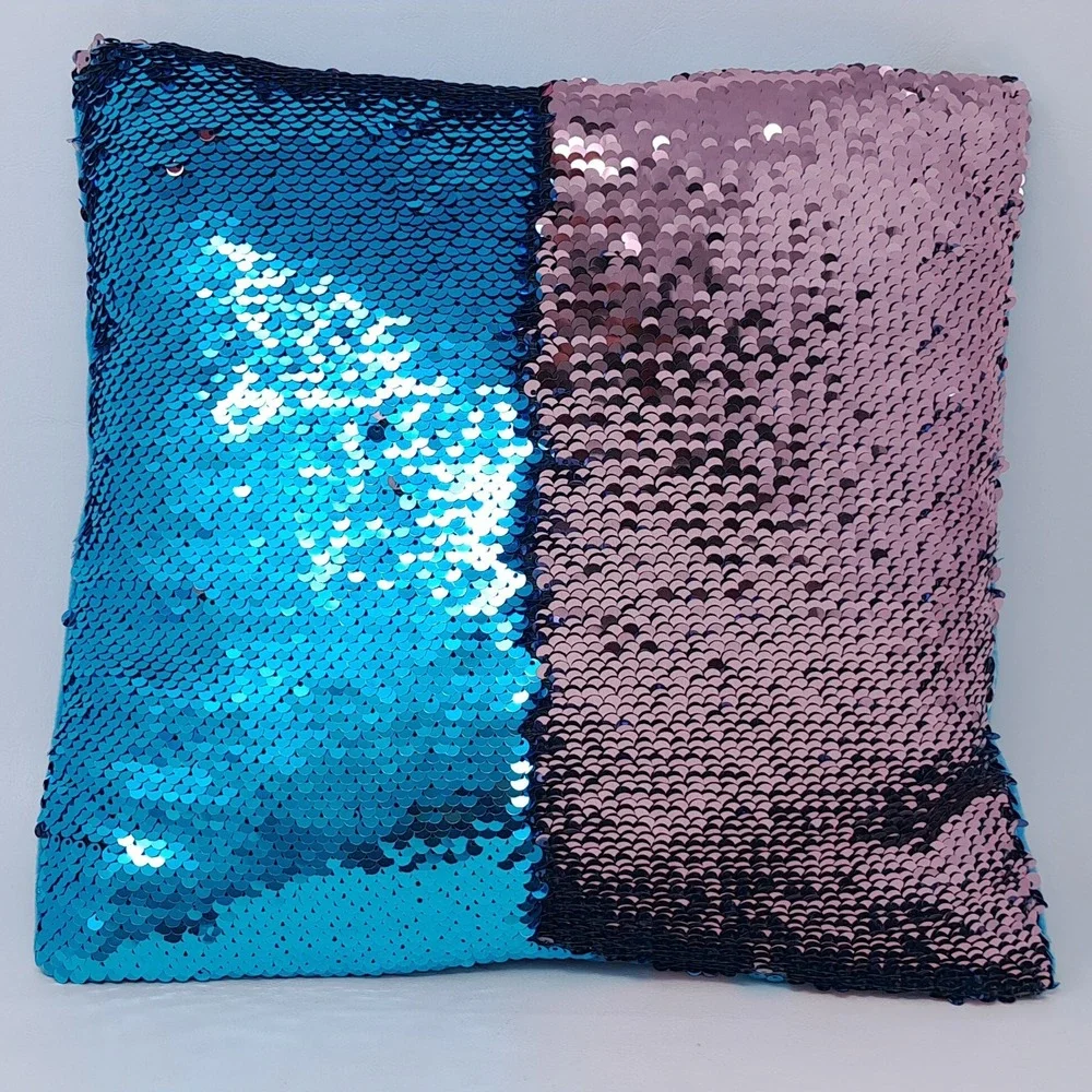 Blue Pink Reversible Sequin Pillow 12x12 Mermaid Flip Color Changing Cushion